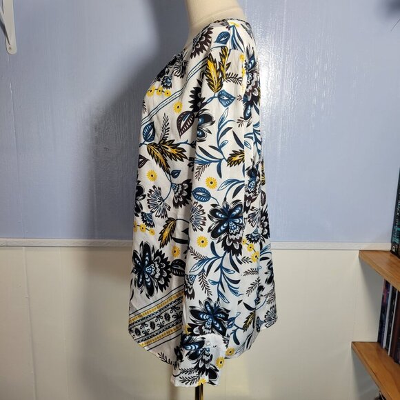 Liz Claiborne Career Extra Large Blue Yellow Floral Round Neck Longsleeve Blouse - Picture 7 of 9